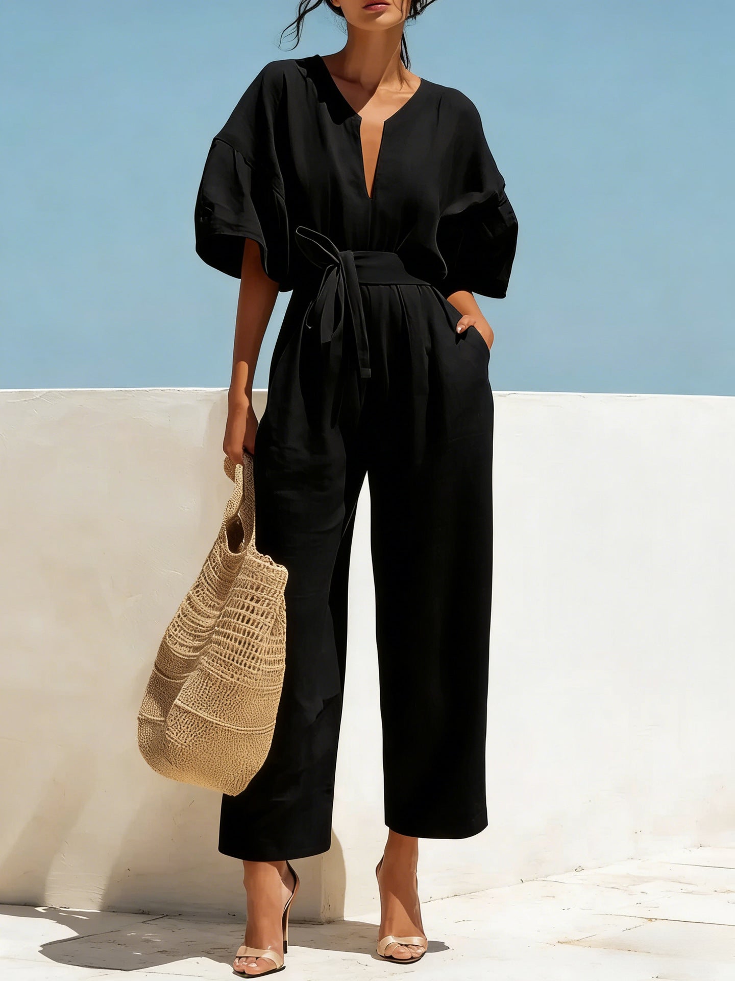 Fashionable V-Neck Solid Cotton-Linen Jumpsuit Beachwear Dress For Women Aurélia