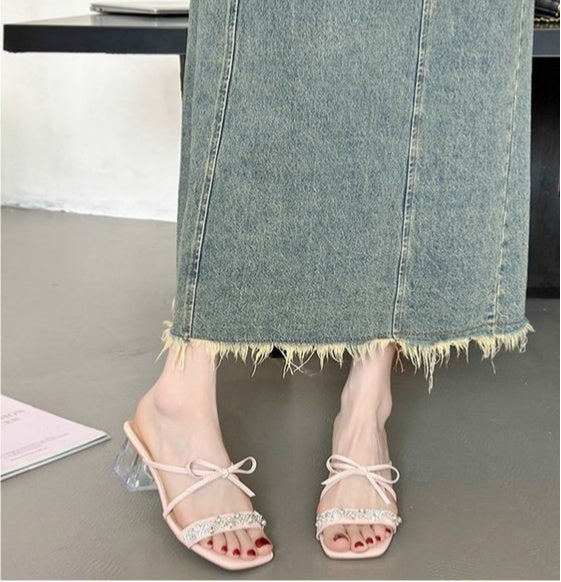 Square Bow Water Diamond Sandals With Exquisite Fairy Style Cool Slippers Aurélia