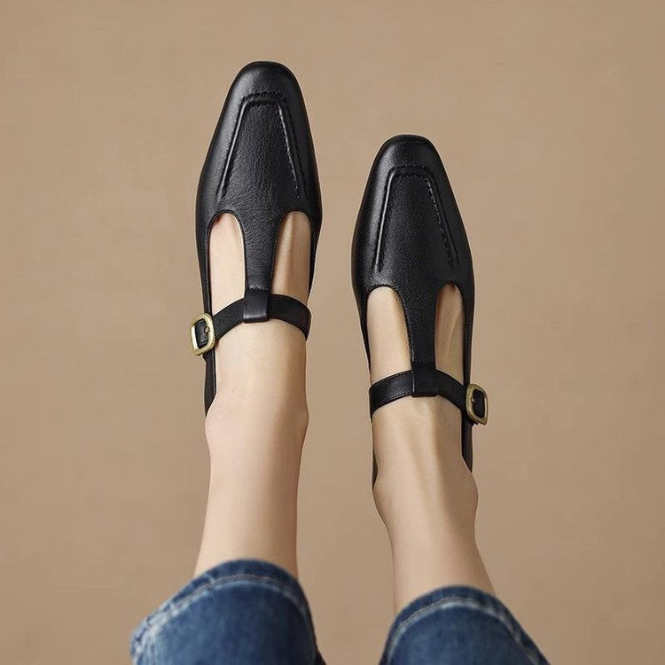 Soft Leather Brown T-strap Chunky Heel Pumps Aurélia