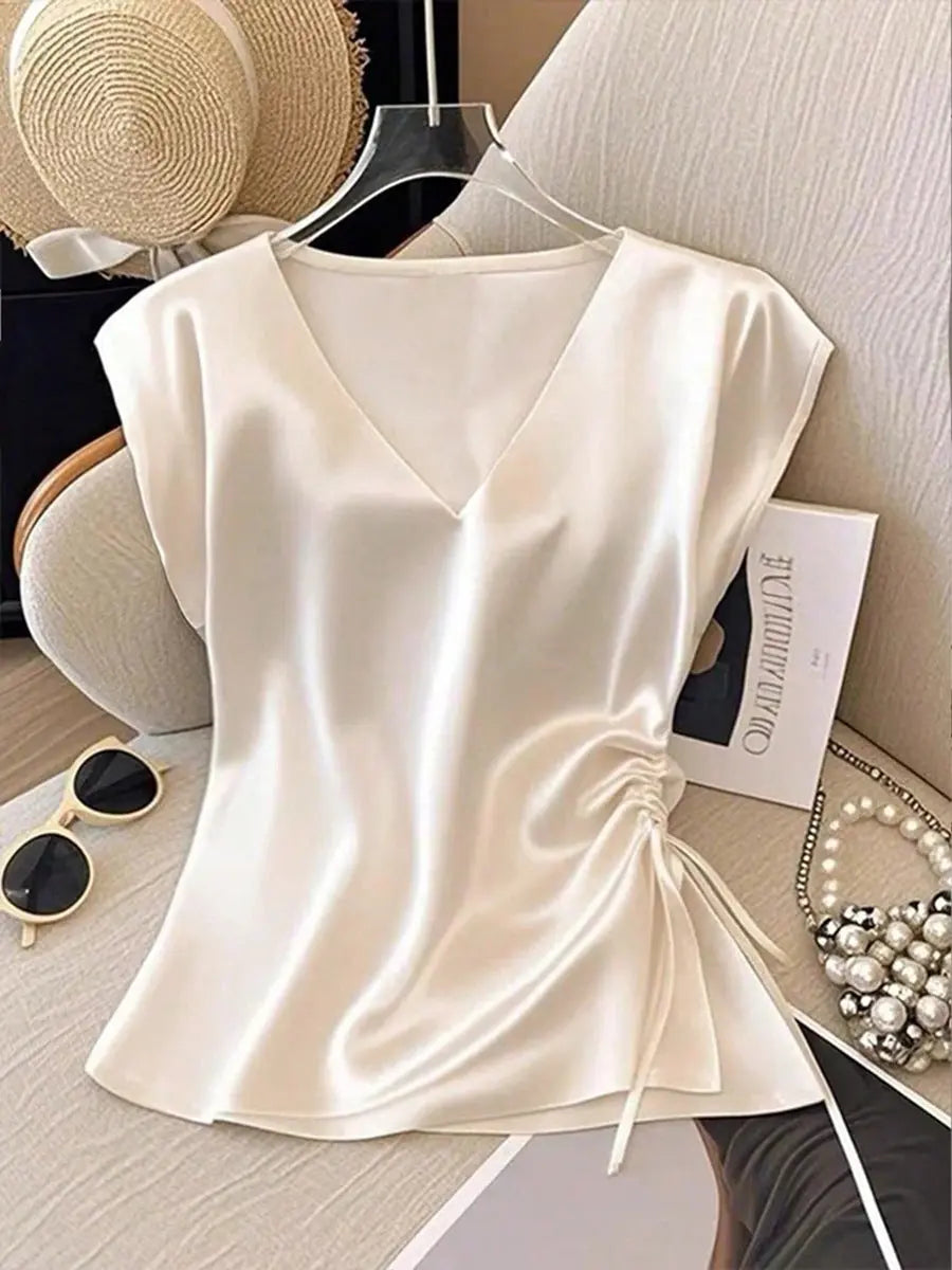 Satin V-Neck Top With Drawstring Hem Aurélia