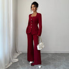 Defined-Waistline Long-Sleeve Top And Wide-Leg Pants Set Aurélia