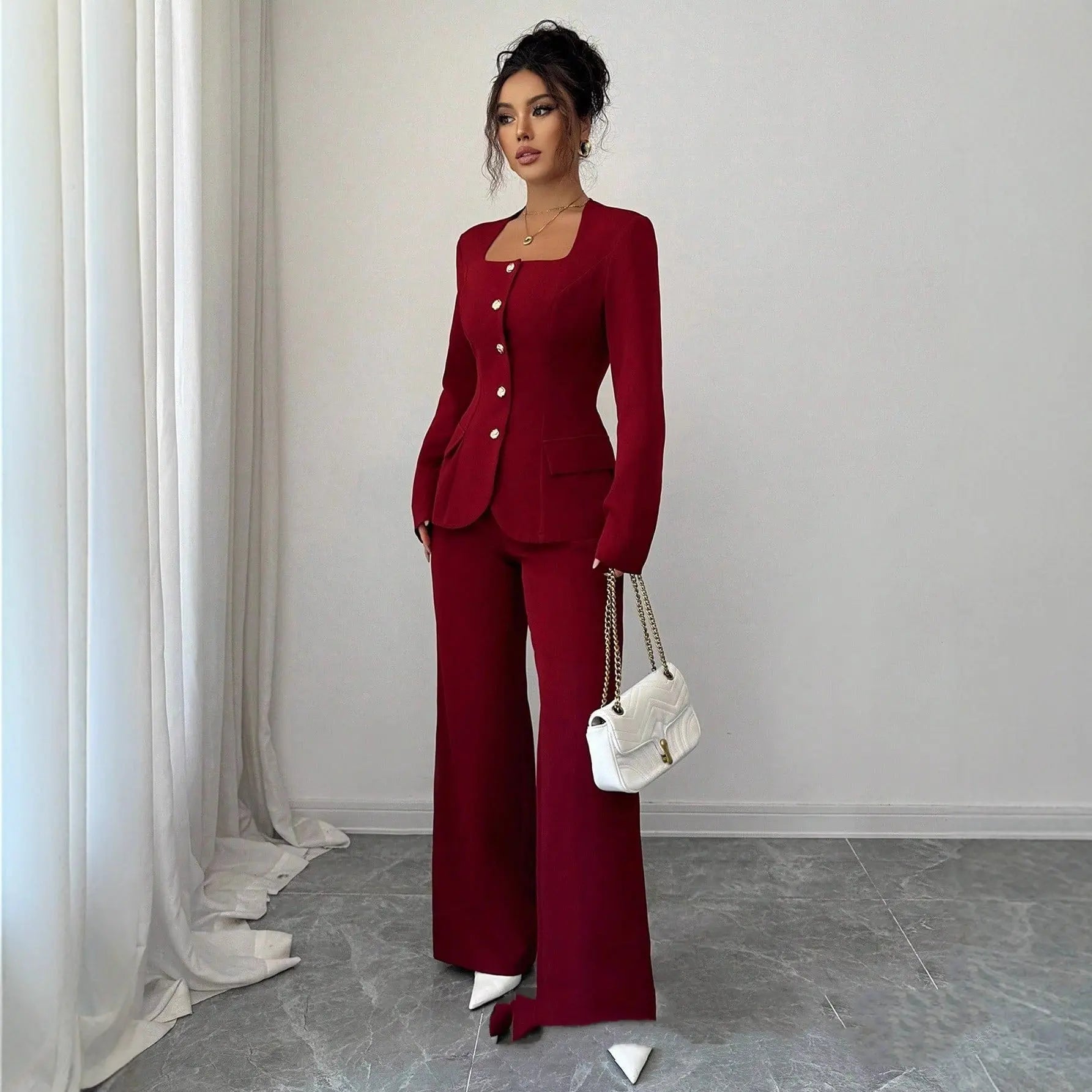 Defined-Waistline Long-Sleeve Top And Wide-Leg Pants Set Aurélia