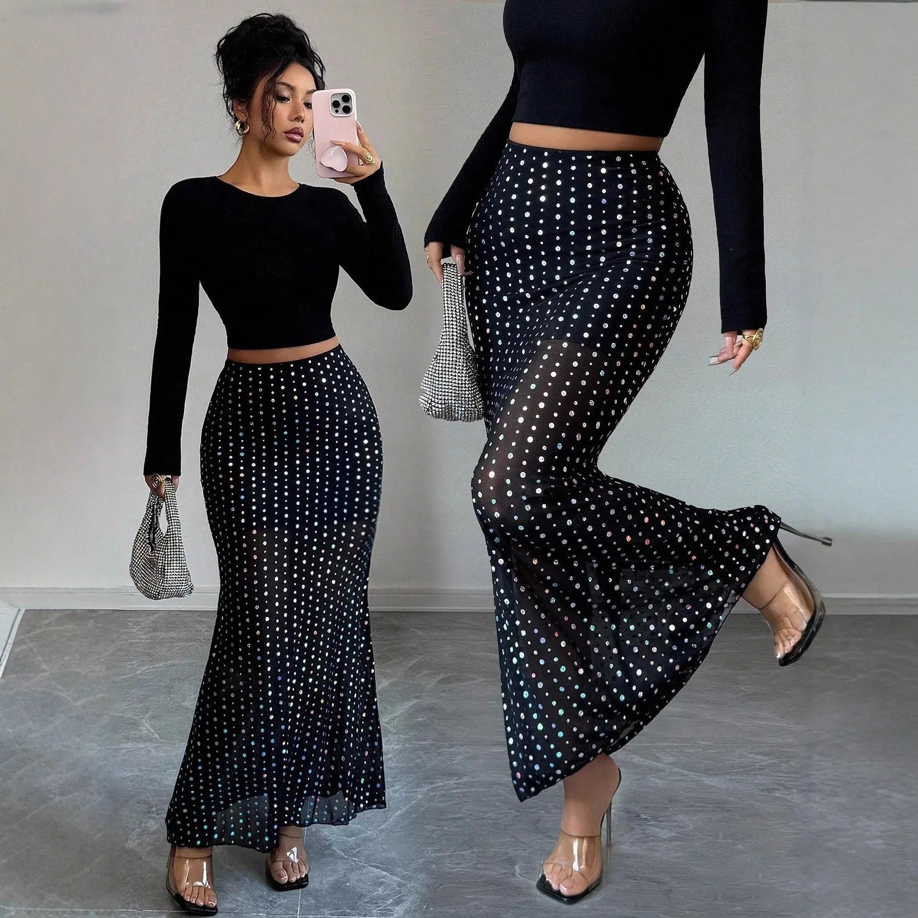 Shimmery Sequin Doublelayer Mesh Highwaist Skirt Aurélia