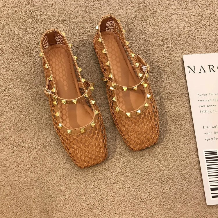 Nude Apricot Gentle Rivet Fairy Mary Jane Mesh  Summer Sandals Aurélia