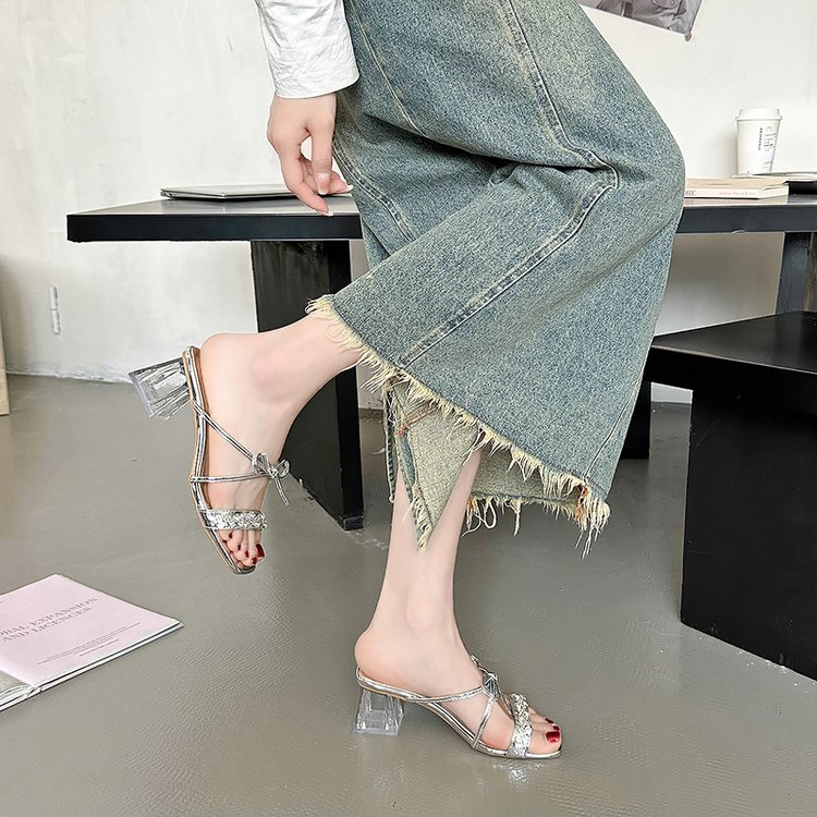 Square Bow Water Diamond Sandals With Exquisite Fairy Style Cool Slippers Aurélia