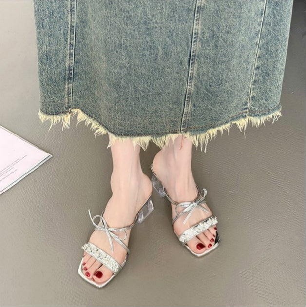 Square Bow Water Diamond Sandals With Exquisite Fairy Style Cool Slippers Aurélia