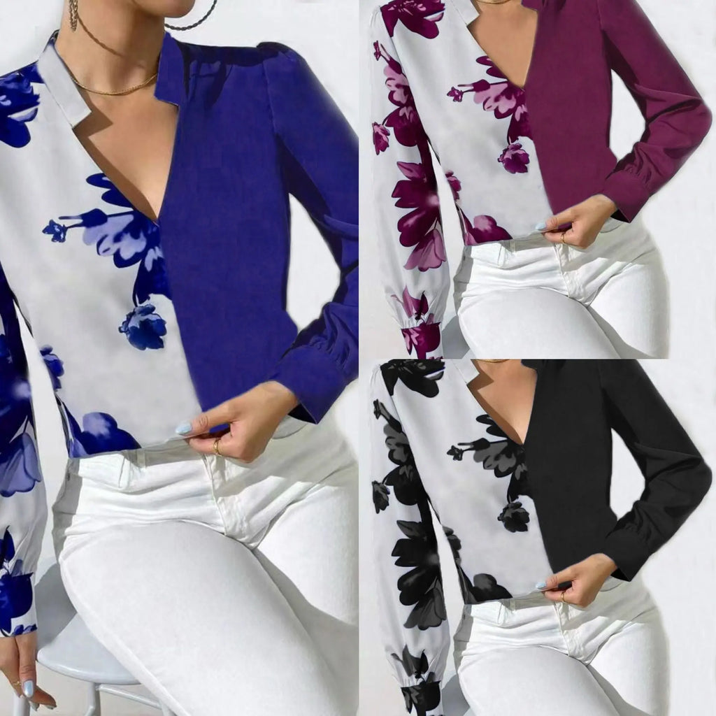 Printed Arrow-head Neck Blouse Long Sleeve Aurélia