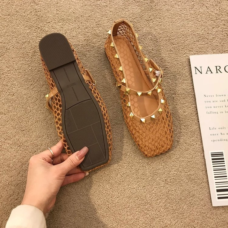 Nude Apricot Gentle Rivet Fairy Mary Jane Mesh  Summer Sandals Aurélia