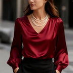 Bubble Sleeve V-neck Satin Blouse Aurélia
