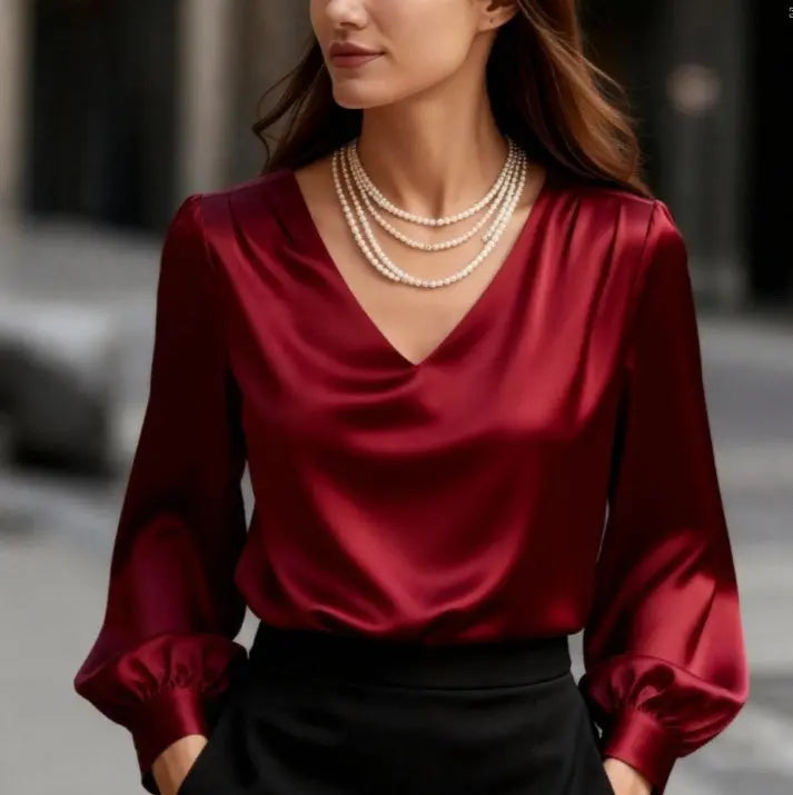 Bubble Sleeve V-neck Satin Blouse Aurélia