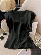Satin V-Neck Top With Drawstring Hem Aurélia