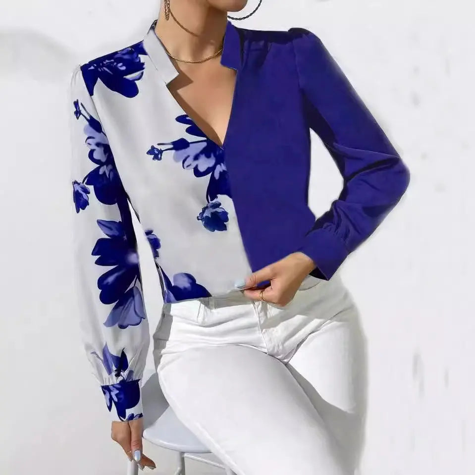 Printed Arrow-head Neck Blouse Long Sleeve Aurélia