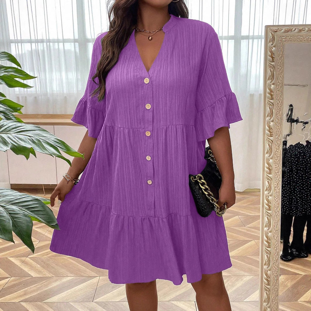 Women's V-neck Buttoned Long-Sleeve Flare-Sleeve Dress Aurélia