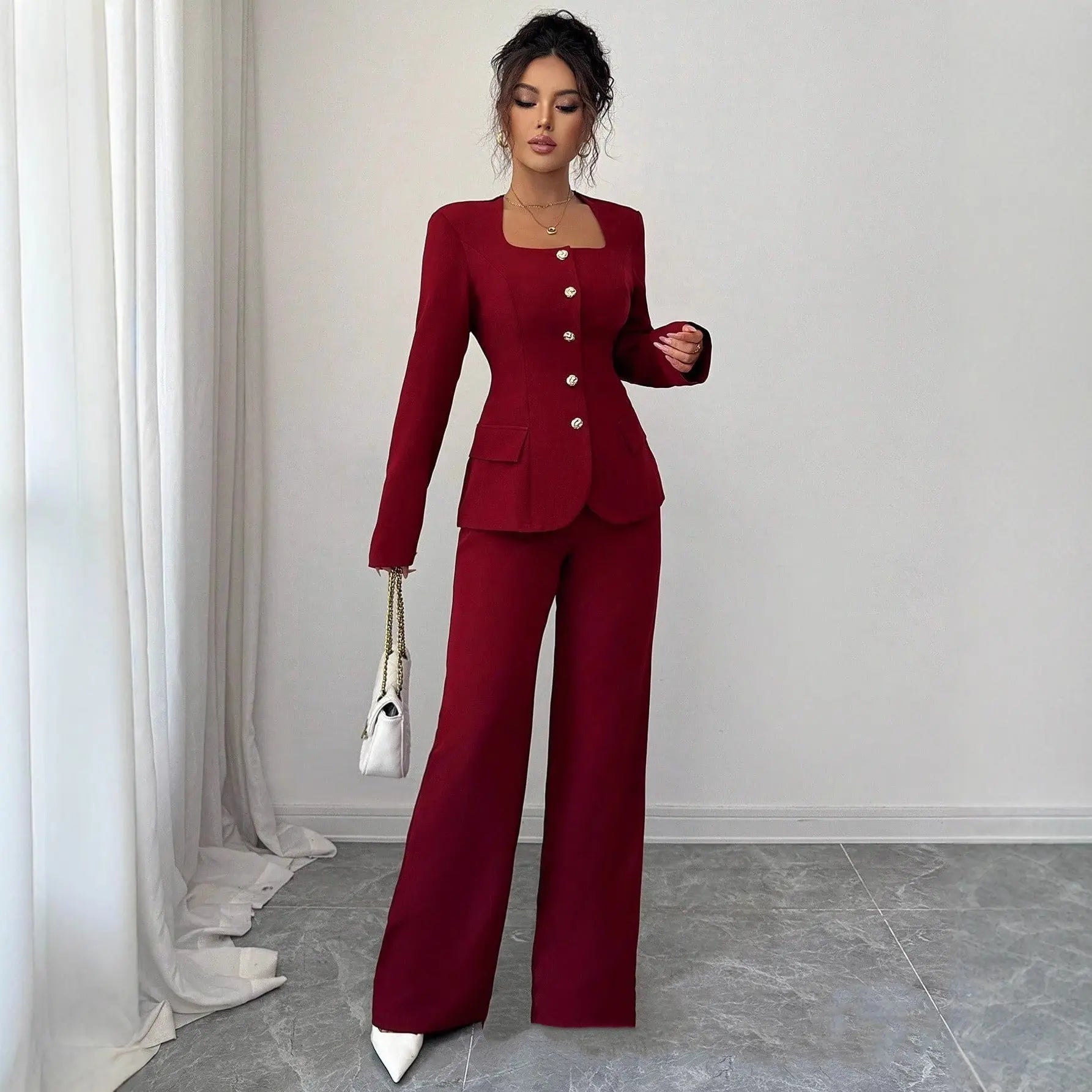 Defined-Waistline Long-Sleeve Top And Wide-Leg Pants Set Aurélia